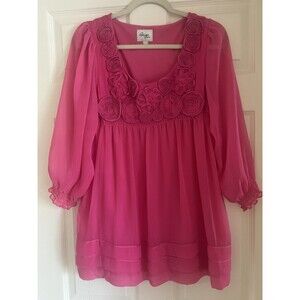 Beige by ECI Fuchsia Pink Rosette Tunic Top Sz L Chiffon Boho Coquette Fairycore
